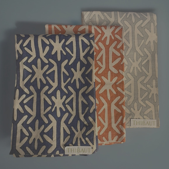 3 THIBAUT Samples Fabric Rinca Cotton Linen 25" Aqua Navy Tangerine ret. $104 - Picture 1 of 7